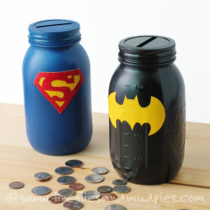 From: http://www.firefliesandmudpies.com/2014/09/14/mason-jar-superhero-banks/